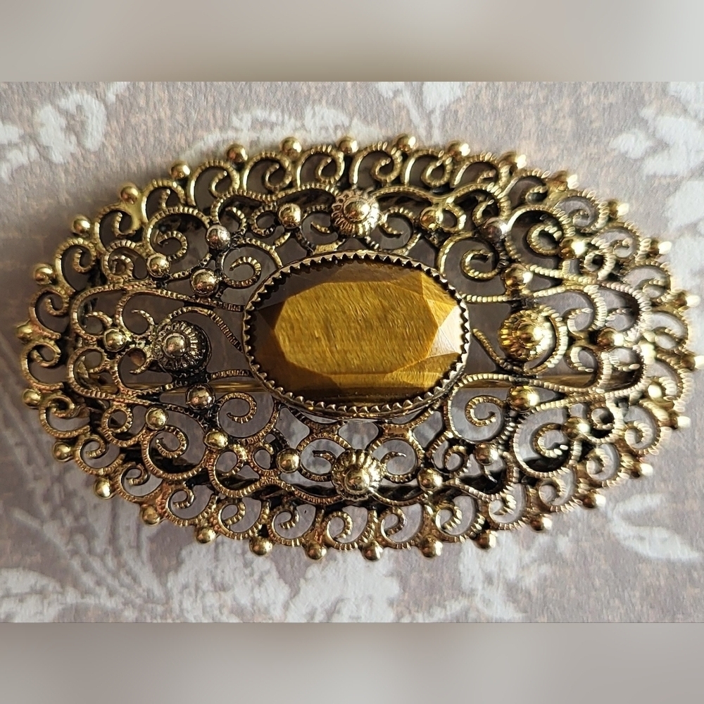 Vintage Danecraft Sterling Filigree Tiger’s Eye Brooch ✨